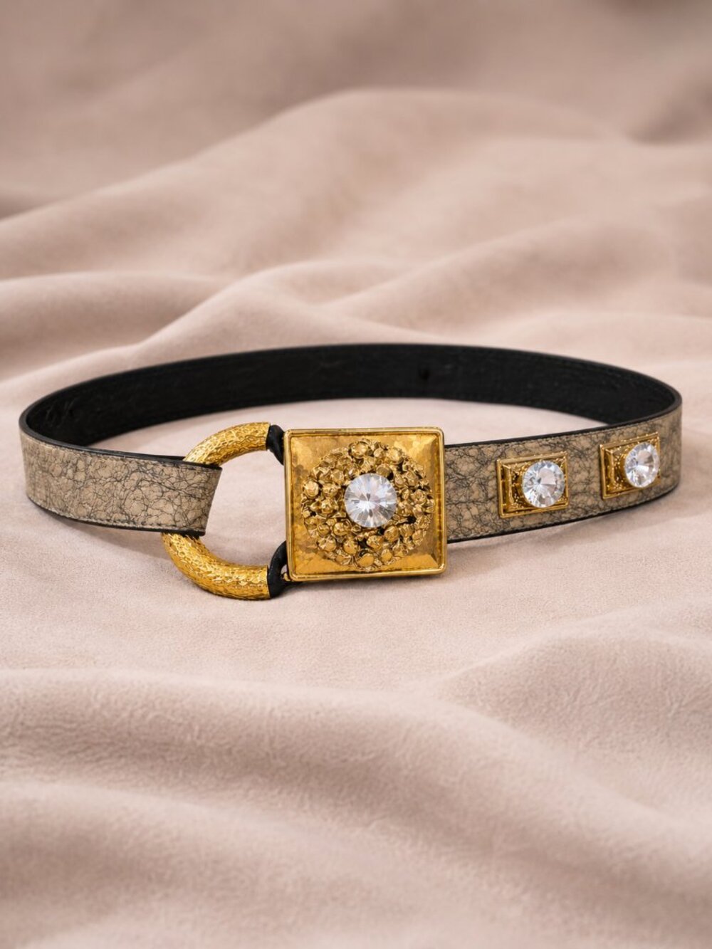 Gold Crystal Statement Waist Belt Sculptural Buckle Adjustable Runway Style